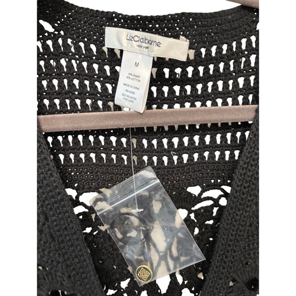 Liz Claiborne New York Black Crochet Cardigan Floral Open Knit V-Neck Medium - Picture 4 of 4